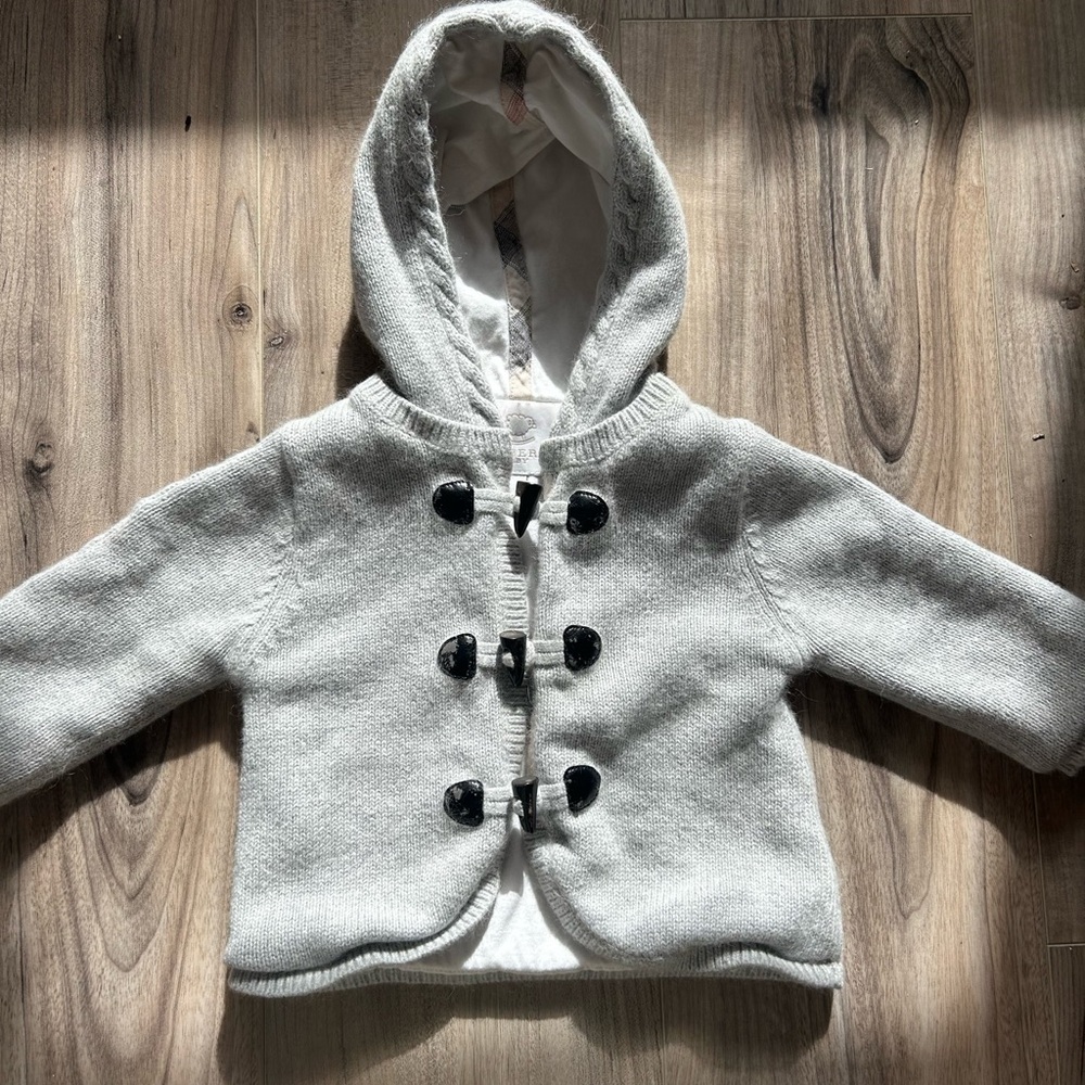 Burberry Baby Light Gray Hooded Toggle Cardigan